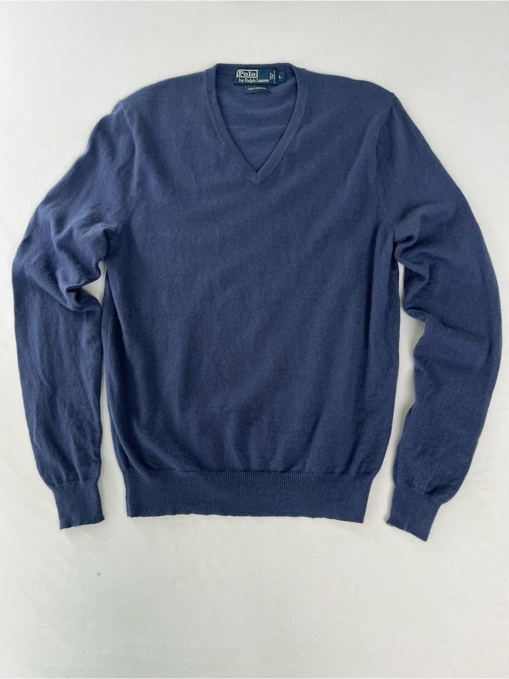 POLO Ralph Lauren Vintage Men Navy V-Neck 100% Cashmere Sweater Old Money Luxury